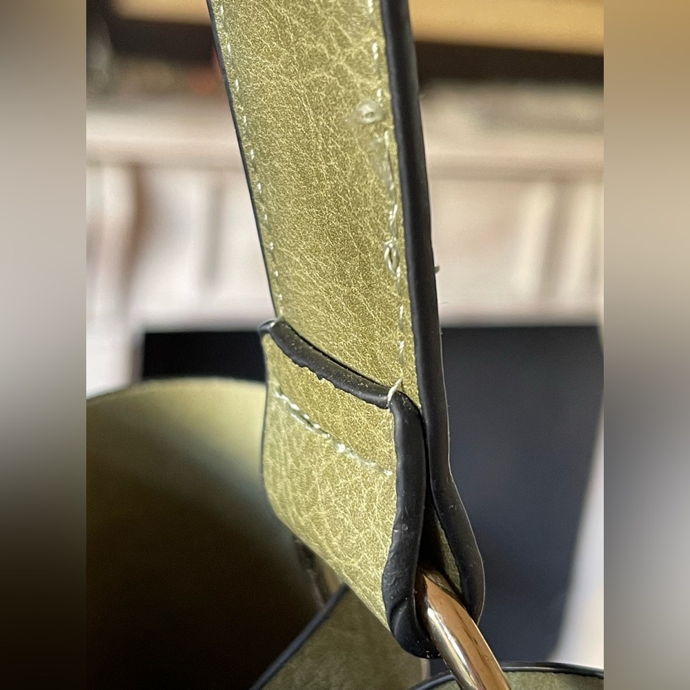 Olive Green Leather Bucket Bag w/ Stylish Zippered Pockets - Picture 8 of 12